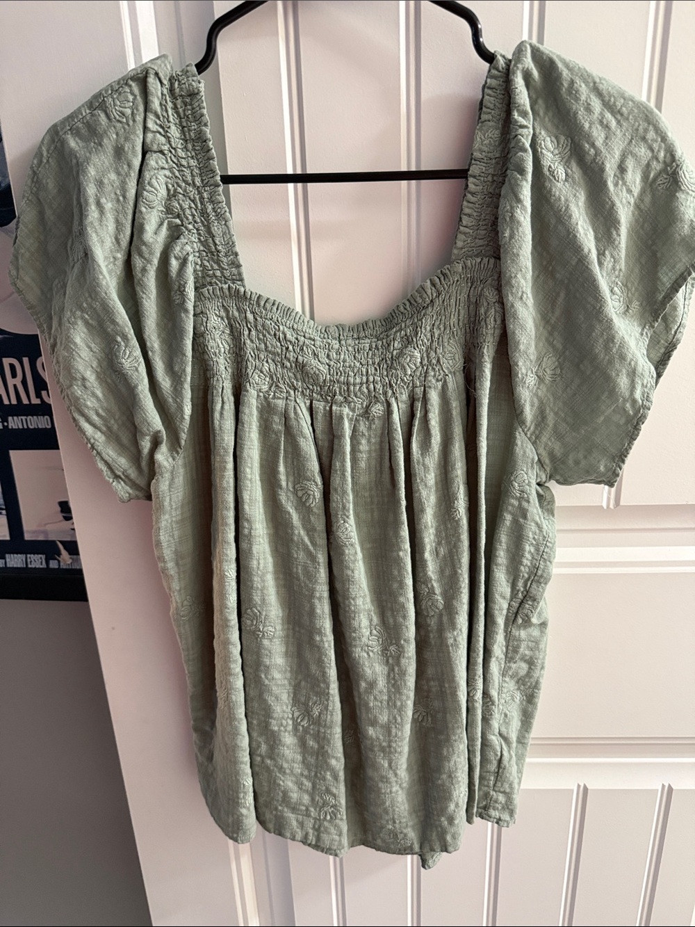 Madewell Sage Green Smocked Square-Neck Peasant Top